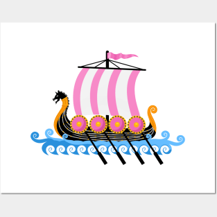 Cute Pink Viking Ship Cartoon Vector Illustration Posters and Art